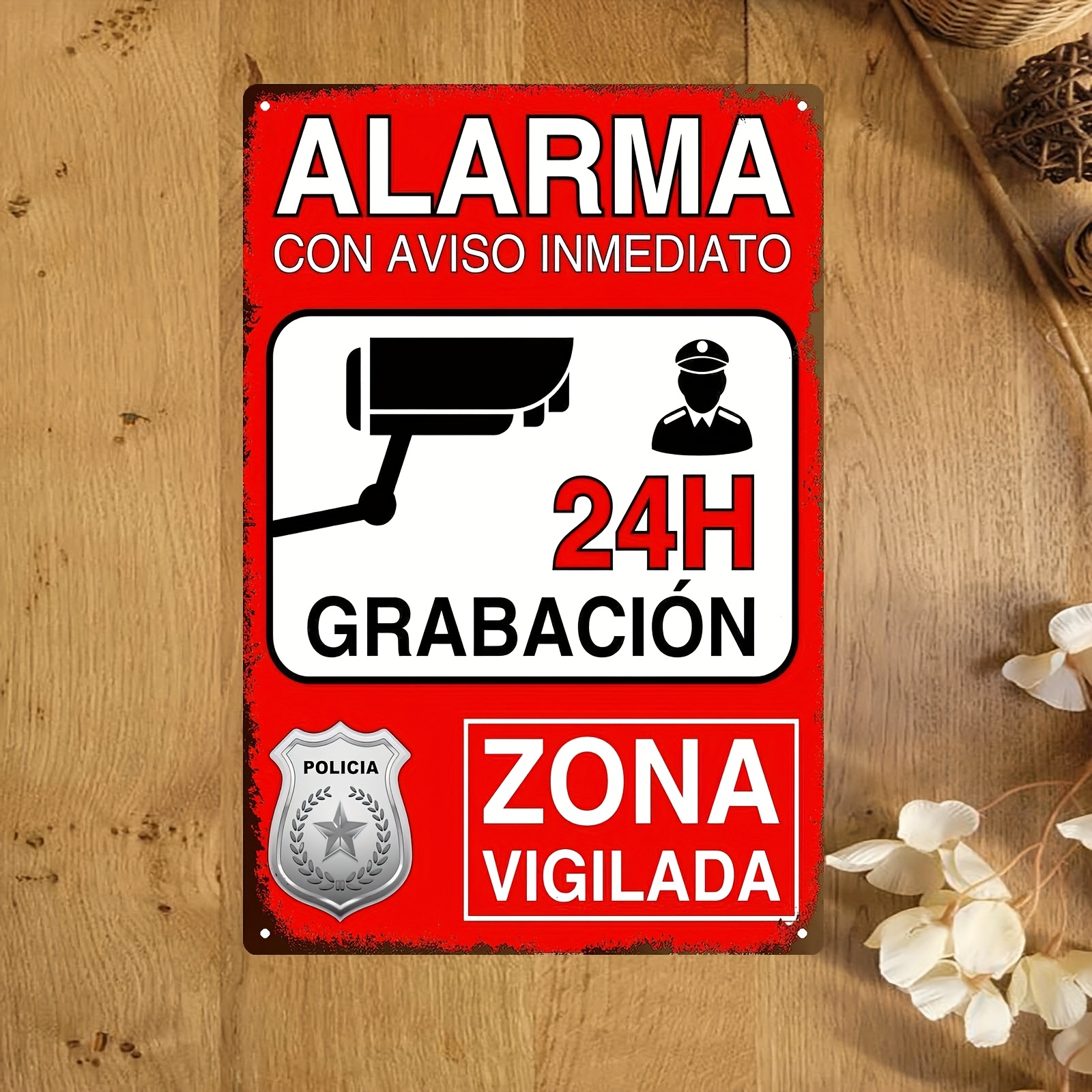 Home Office Hours - Spanish Alarm Sign, 24-Hour Monitoring Metal