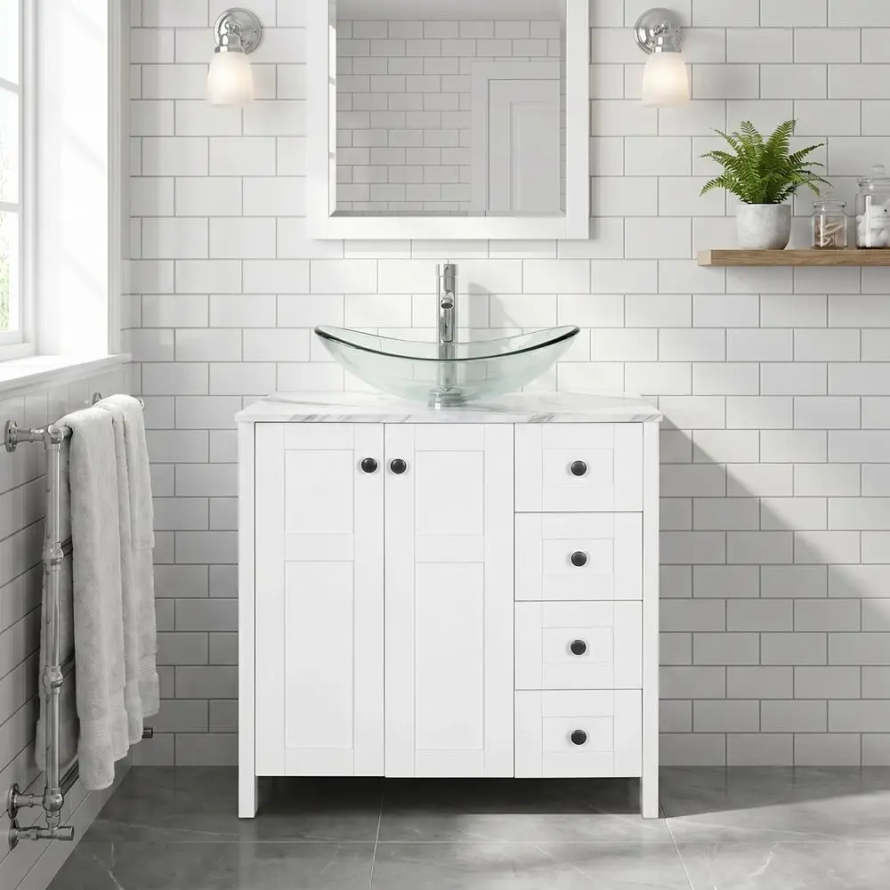 Drawer Pedestal Cabinet - Inch White Bathroom Vanity with Marble
