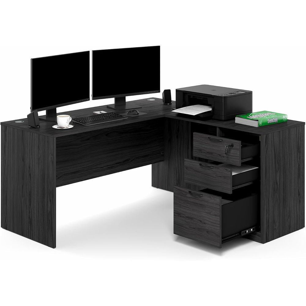 60 Inch L-Shaped Office Desk w - Drawer Pedestal Cabinet 리뷰 및 가격