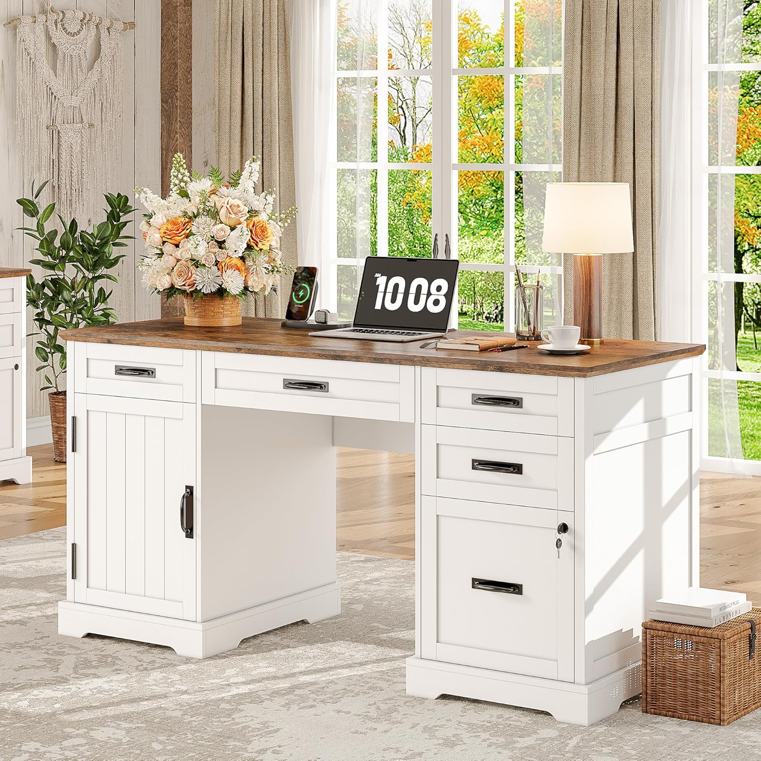 55'' Farmhouse Desk Home Offic - Drawer Pedestal Cabinet 리뷰 및 가격