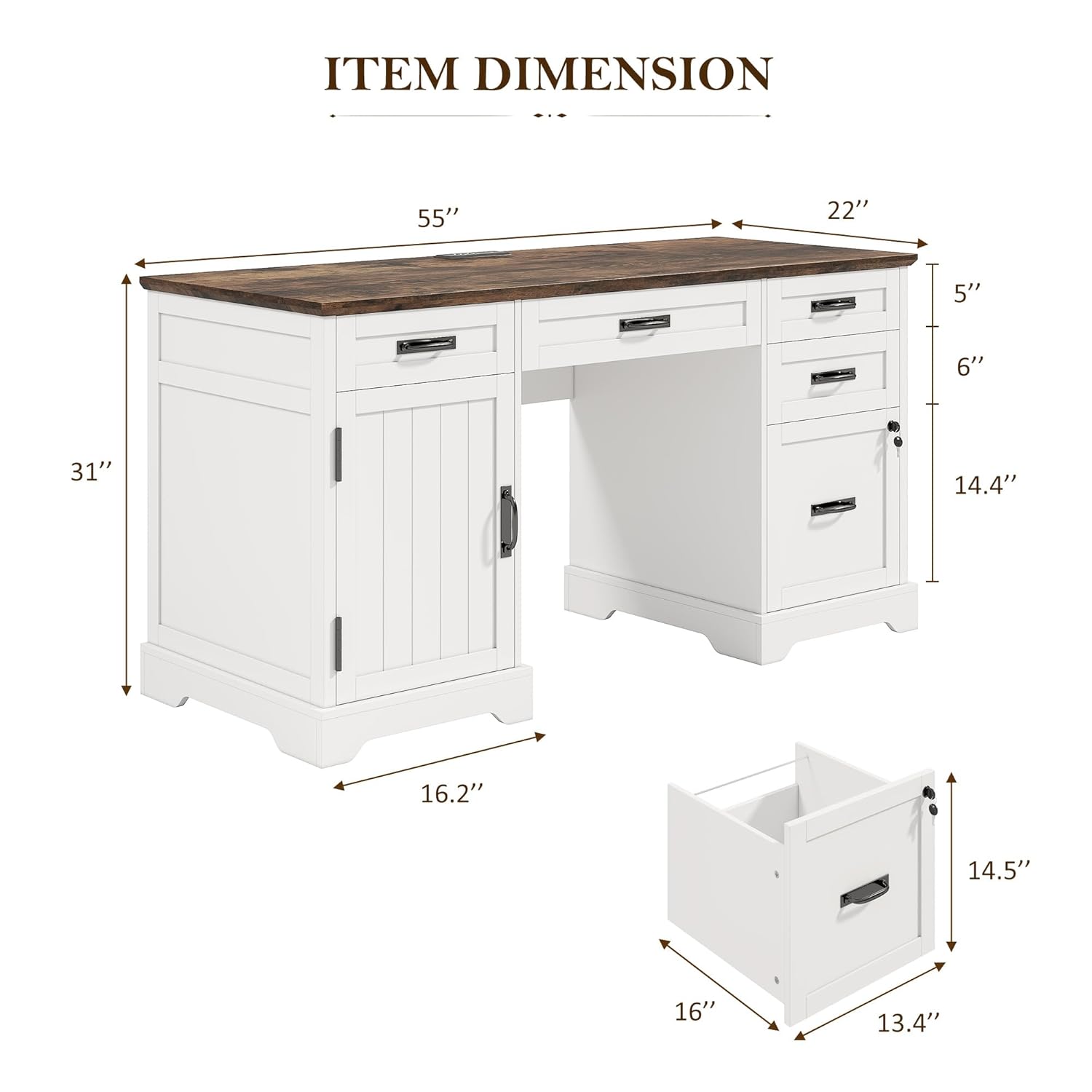 55'' Farmhouse Desk Home Offic - Drawer Pedestal Cabinet 리뷰 및 가격