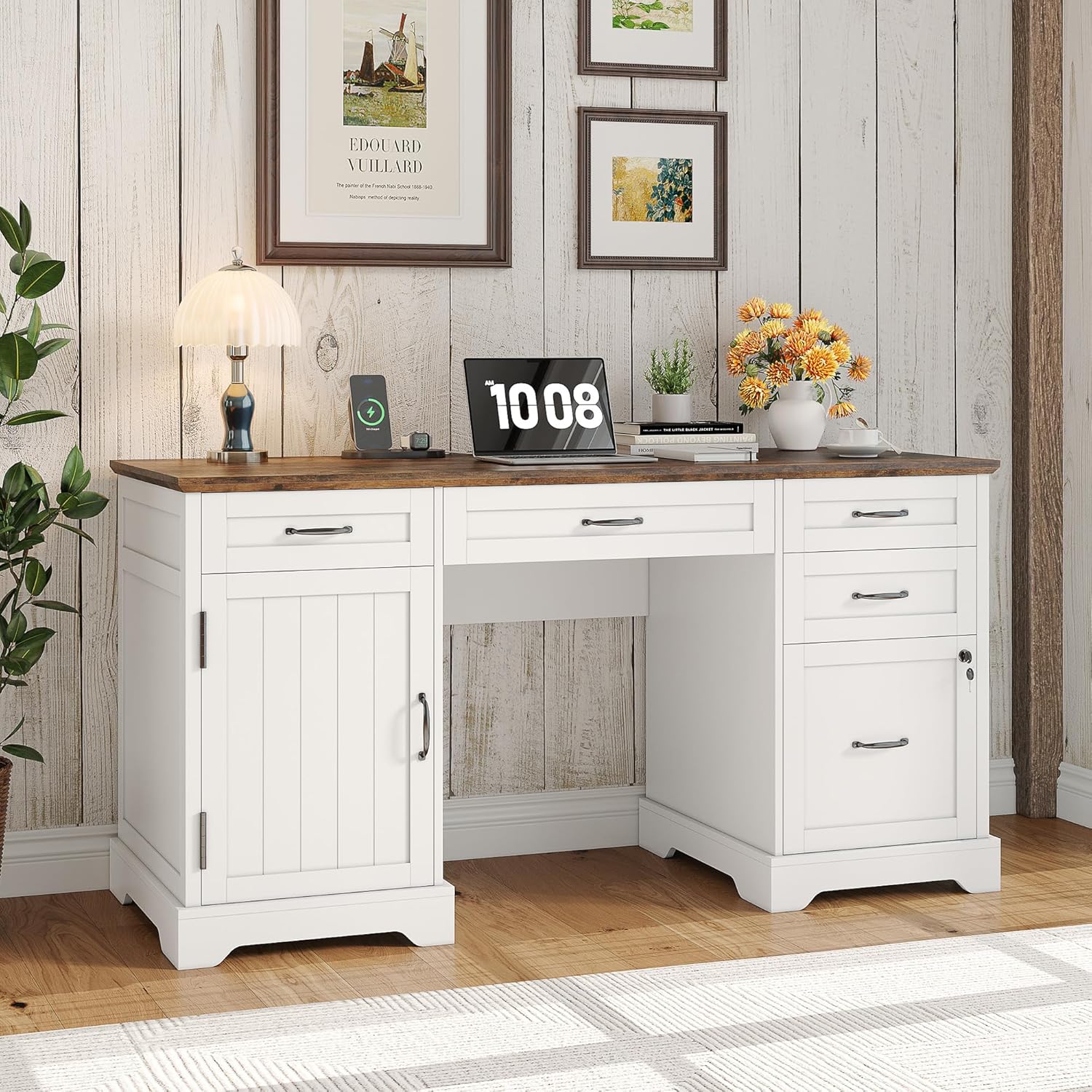 55'' Farmhouse Desk Home Offic - Drawer Pedestal Cabinet 리뷰 및 가격